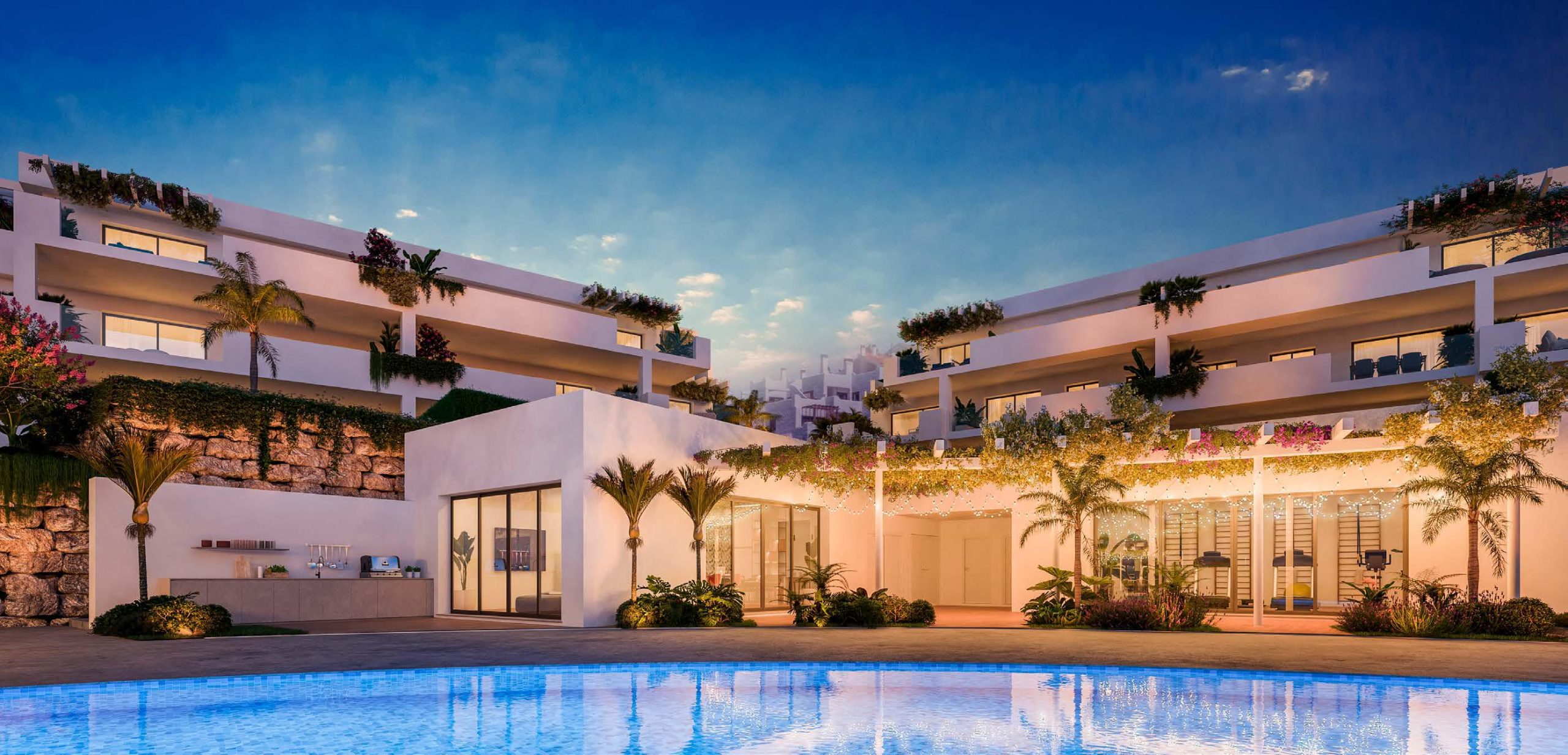 Amaranta Casares: fachada y piscina de noche